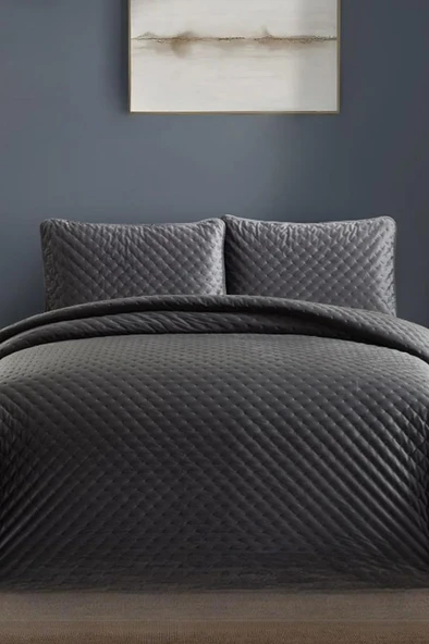 Bianca Çift Kişilik Lüks Kadife Yatak Örtüsü Antrasit ürün görseli