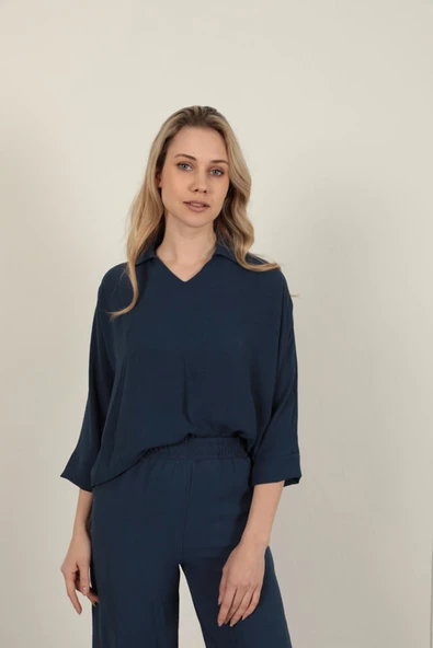 Aerobin Kumaş V Gömlek Yaka Kadın Gömlek-Lacivert ürün görseli