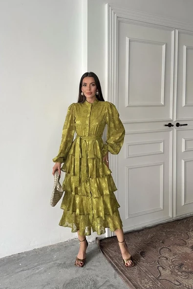 Yağ Yeşili Valonlu Şeritli Kat Kat Elbise - Resim 2