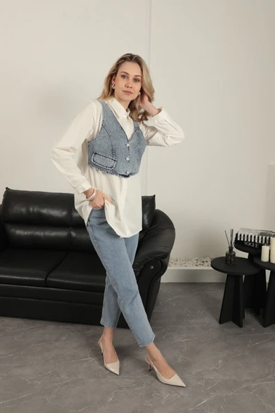 Poplin Kumaş Yelek Detaylı Ekru Kadın Gömlek - 4