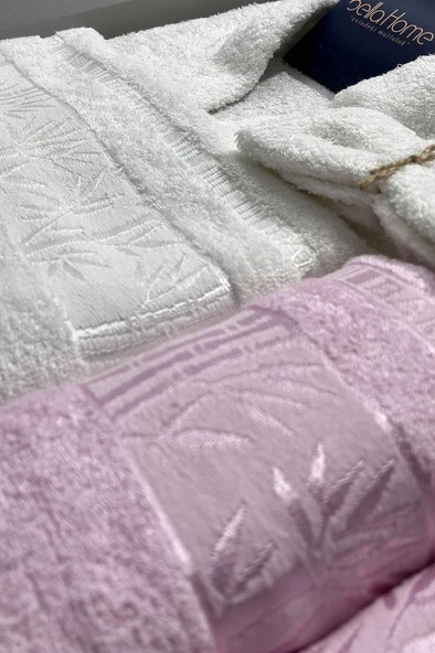 Elmas Bambu 10 Parça Aile Bornoz Takımı Krem Pembe - Resim 3