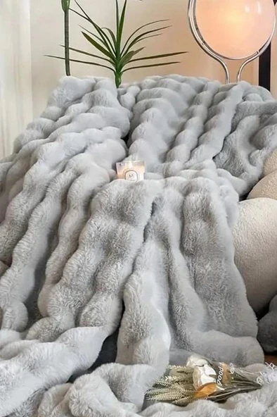 Tomris Tavşan Tüyü Çift Kişilik Yatak Örtüsü 220x240 Cm Gri ürün görseli