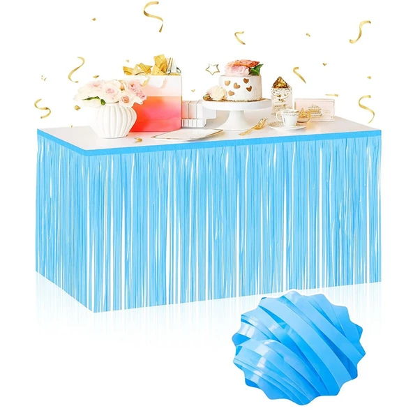 Kendinden Yapışkanlı Makaron Mavi Püsküllü Masa Eteği – 75 X 275 Cm Parti Süslemesi - 1