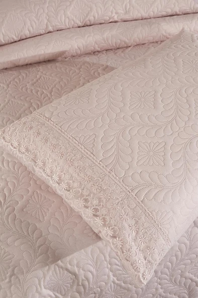 Zoya Dantelli Kapitoneli Ultrasonik Çift Kişilik Yatak Örtüsü Pudra - Resim 3