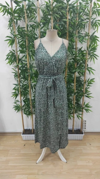 Kadın Ip Askılı Kruvaze Yakalı Yırtmaçlı Uzun Desenli Kuşaklı Süprem Elbise - Resim 7