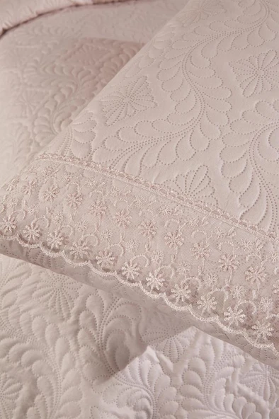 Zoya Dantelli Kapitoneli Ultrasonik Çift Kişilik Yatak Örtüsü Pudra - Resim 7
