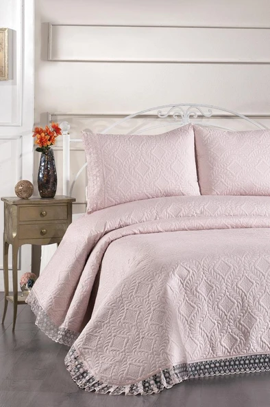 Zoya Dantelli Kapitoneli Ultrasonik Çift Kişilik Yatak Örtüsü Pudra ürün görseli