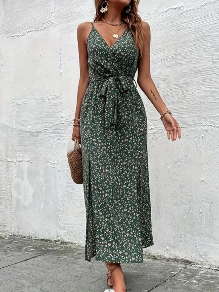 Kadın Ip Askılı Kruvaze Yakalı Yırtmaçlı Uzun Desenli Kuşaklı Süprem Elbise - Resim 4