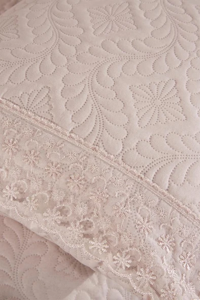 Zoya Dantelli Kapitoneli Ultrasonik Çift Kişilik Yatak Örtüsü Pudra - Resim 4