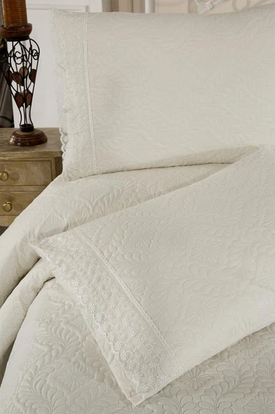 Zoya Dantelli Kapitoneli Ultrasonik Çift Kişilik Yatak Örtüsü Krem - Resim 7