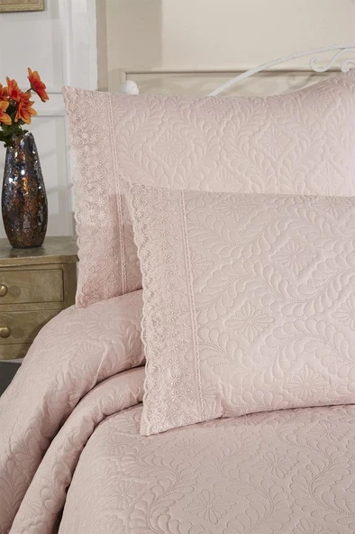 Zoya Dantelli Kapitoneli Ultrasonik Çift Kişilik Yatak Örtüsü Pudra - Resim 8