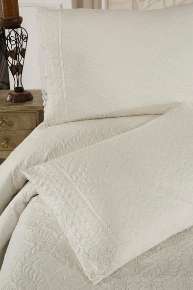 Zoya Dantelli Kapitoneli Ultrasonik Çift Kişilik Yatak Örtüsü Krem - Resim 6