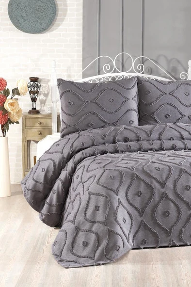 Çeyiz Diyarı Pirot 3 Parça Çift Kişilik Pike Takımı Antrasit ürün görseli