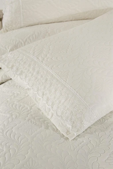 Zoya Dantelli Kapitoneli Ultrasonik Çift Kişilik Yatak Örtüsü Krem - Resim 4