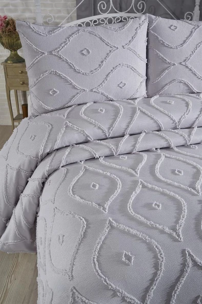 Çeyiz Diyarı Pirot 3 Parça Çift Kişilik Pike Takımı Gri - Resim 4