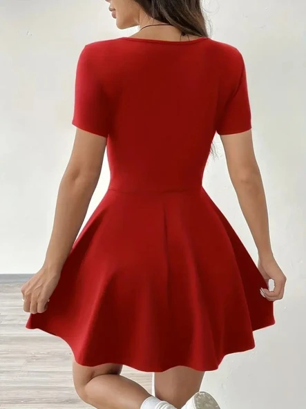 Kadın Kısa Kollu Kare Yaka Short Detaylı Cepli Dalgıç Elbise - Resim 5