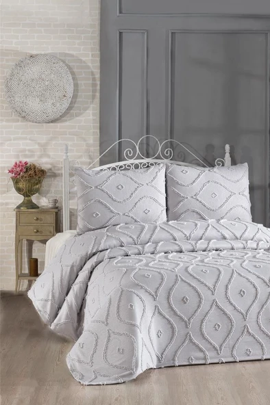 Çeyiz Diyarı Pirot 3 Parça Çift Kişilik Pike Takımı Gri ürün görseli