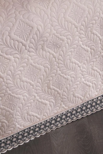 Zoya Dantelli Kapitoneli Ultrasonik Çift Kişilik Yatak Örtüsü Pudra - Resim 6