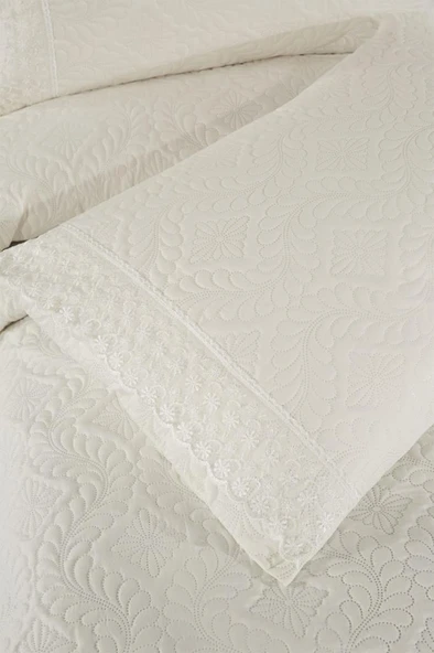 Zoya Dantelli Kapitoneli Ultrasonik Çift Kişilik Yatak Örtüsü Krem - Resim 5
