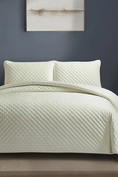 Bianca Çift Kişilik Lüks Kadife Yatak Örtüsü Krem ürün görseli