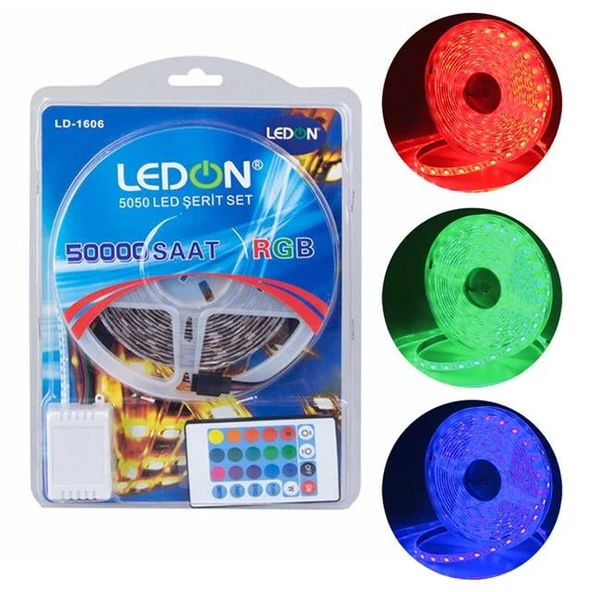 Ledon LD-1606 Su Geçirmez 5 Metre RGB Şerit Led Animasyon Devreli Adaptörlü Set 5050 3 Çipli Silikonlu ürün görseli