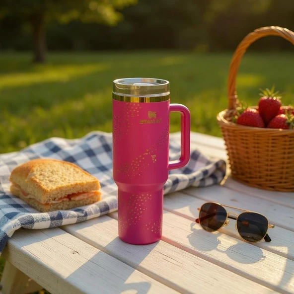 Stanley Quencher Termos x Barbie Pembe Gold Desen 1.18 Lt. Pipetli - Resim 3