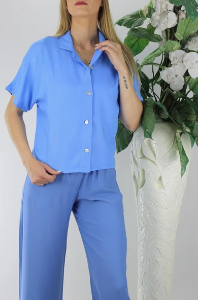 Sedef Düğmeli Krep Gömlek Mavi - 1288.65 ürün görseli