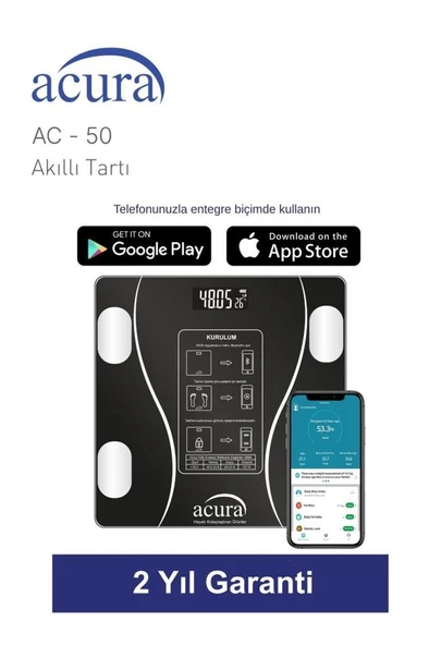 Acura Ac-50 CE Onaylı Yağ Su Kas ve Kilo Ölçer Akıllı Tartı - Resim 3