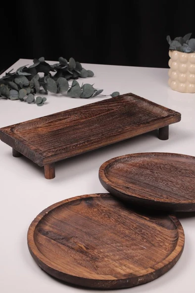 Bambum 3 Parça Pavlonya Heritage Ahşap Sunum ve Servis Seti – Dikdörtgen ve Yuvarlak Servis Tabakları - Resim 2