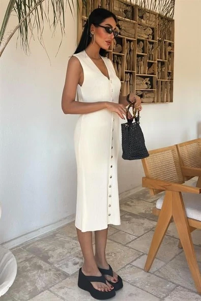 Önü Düğmeli Fitilli Kolsuz Elbise 2832 - Resim 6