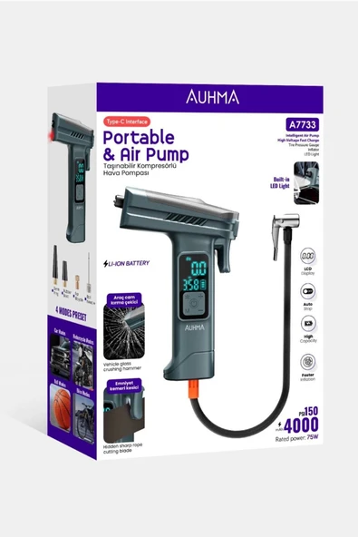 Araba Hava Pompası 4’ü 1 Arada: Kompresör + Cam Kırıcı + Kemer Kesici + LED Işık Şarjlı 4000mAh Araç Kompresörlü - 2