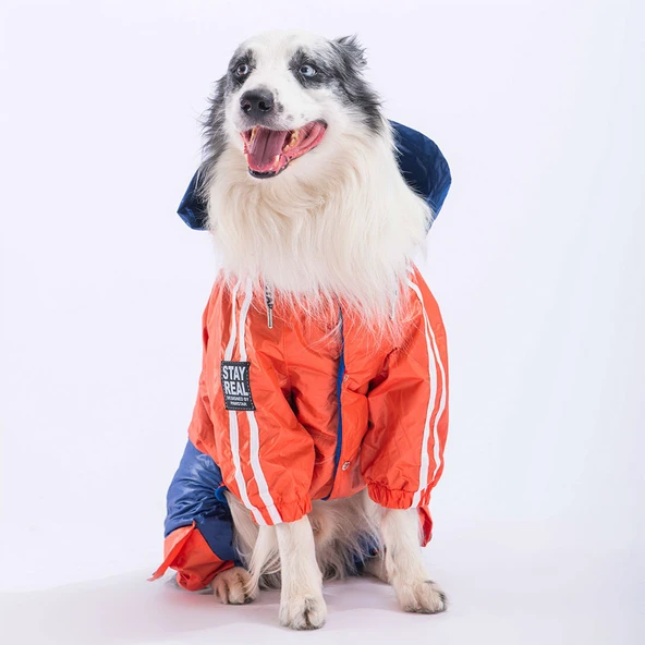 Pawstar BiColor Turuncu-Lacivert Polarlı Su Geçirmez Orta-Büyük Irk Köpek Yağmurluk Tulum - Resim 3