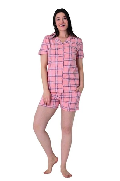 Estiva Kareli Desen Önden Düğmeli Bayan Şort Takım - Resim 3