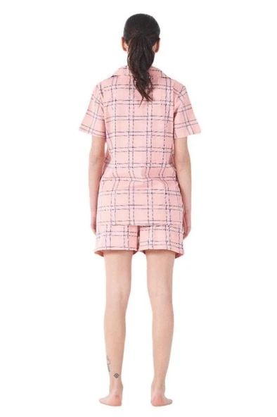 Estiva Kareli Desen Önden Düğmeli Bayan Şort Takım - Resim 4