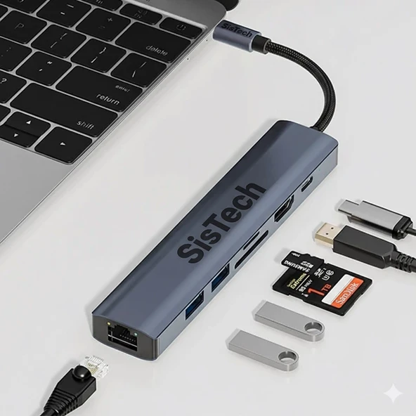 Ally BYL-2303 7 in 1 Dönüştürücü Çoğaltıcı Hub - Type-C To 1000Mbps Ethernet 4K HDMI USB 3.0 PD100W SD-TF Cards - 2