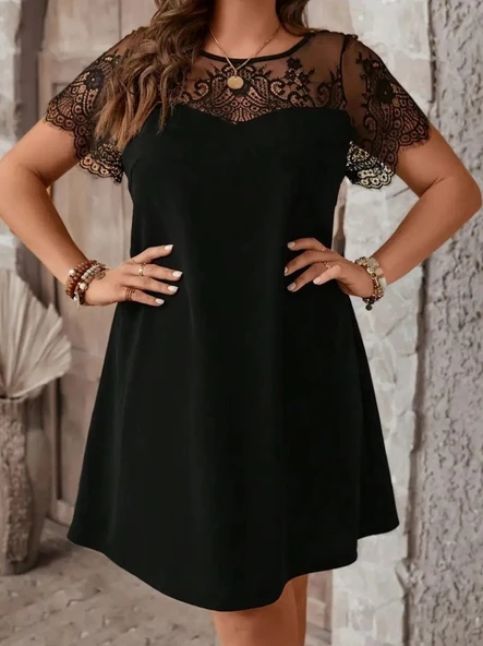 Kadın Kısa Kollu Dantel Bisiklet Yaka Ve Kol Dantel Detaylı Janjan Krep Elbise - Resim 4