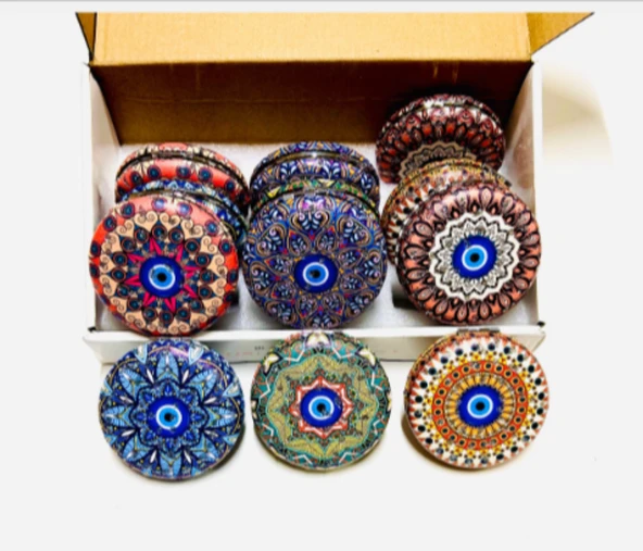 Otantik Mandala Tasarımlı Nazar Boncuklu Büyüteçli Kozmetik Yuvarlak Cep Çanta Aynası Kapaklı El Makyaj Aynası 7CM - 3