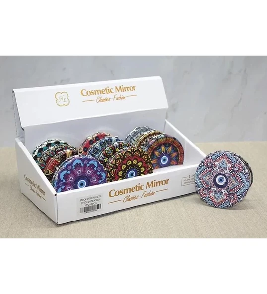 Otantik Mandala Tasarımlı Nazar Boncuklu Büyüteçli Kozmetik Yuvarlak Cep Çanta Aynası Kapaklı El Makyaj Aynası 7CM - 2