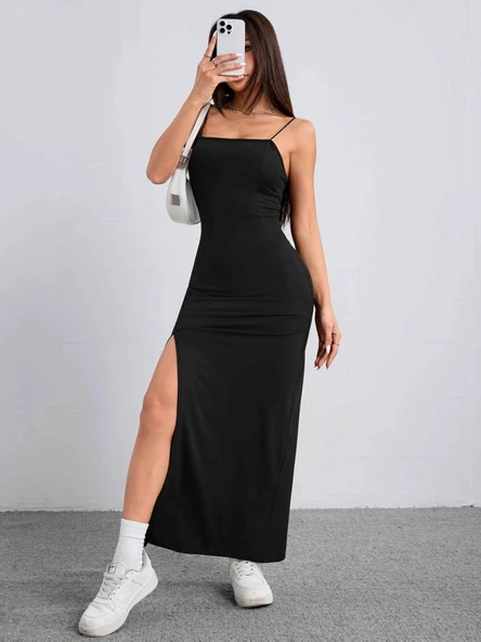 Kadın Ip Askılı Yandan Yırtmaçlı Janjan Krep Elbise ürün görseli