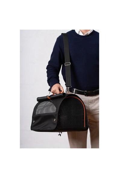 Perdeli Flybag Plastik Yırtılmaz Fileli Kedi Ve Köpek Havayolu Taşıma Çantası Siyah - 4