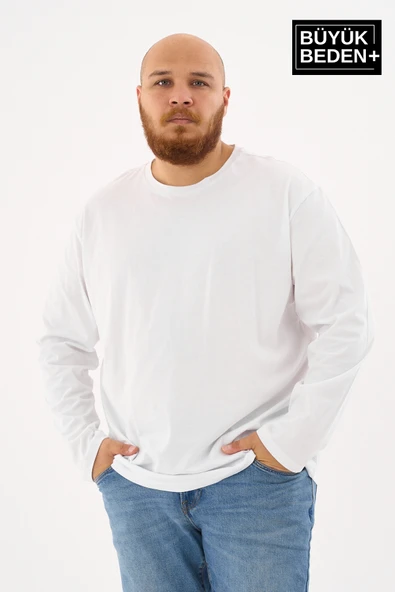 Erkek Büyük Beden Uzun Kollu 2 İplik Bisiklet Yaka Tişört - 9