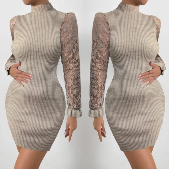 Kadın Uzun Kollu Kollar Tül Detay Triko Mini Boy Elbise - Resim 3