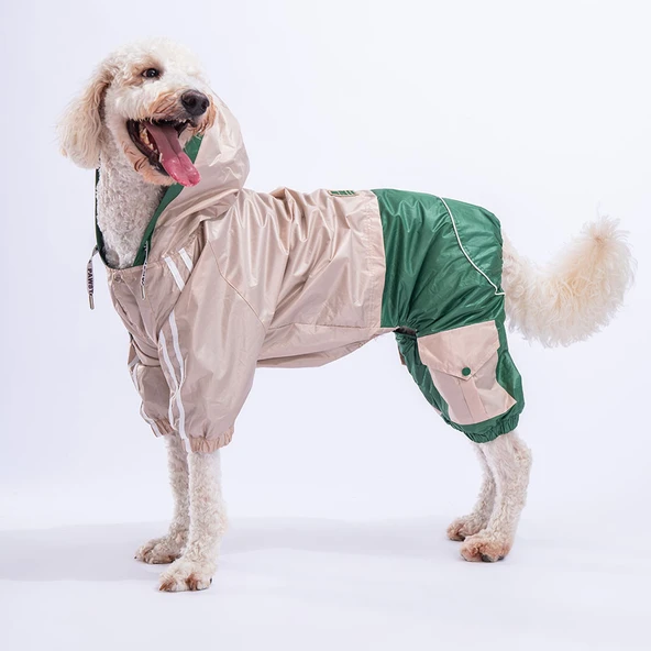 Pawstar BiColor Bej-Yeşil Polarlı Su Geçirmez Orta-Büyük Irk Köpek Yağmurluk Tulum - 1
