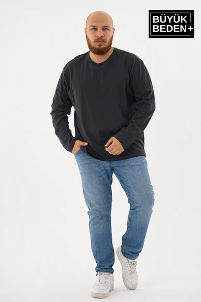 Erkek Büyük Beden Uzun Kollu 2 İplik Bisiklet Yaka Tişört - 5