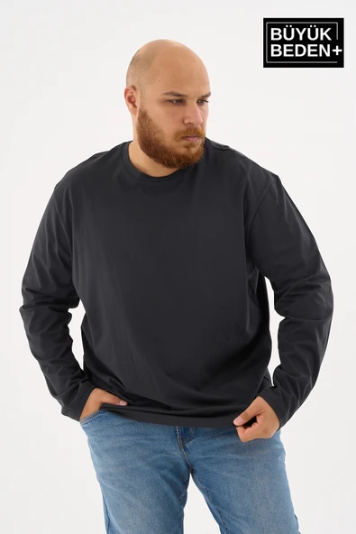Erkek Büyük Beden Uzun Kollu 2 İplik Bisiklet Yaka Tişört - 2
