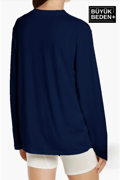 Kadın Büyük Beden Uzun Kollu 2 İplik Bisiklet Yaka Tişört - 5