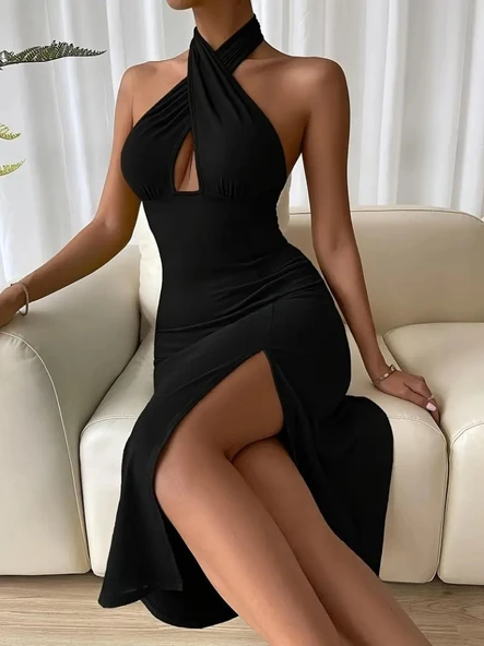 Kadın Sırt Dekolteli Boyun çapraz Yakalı Yırtmaç Detay Midi Sandy Elbise ürün görseli