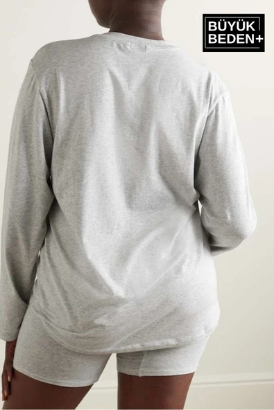 Kadın Büyük Beden Uzun Kollu 2 İplik Bisiklet Yaka Tişört - 4