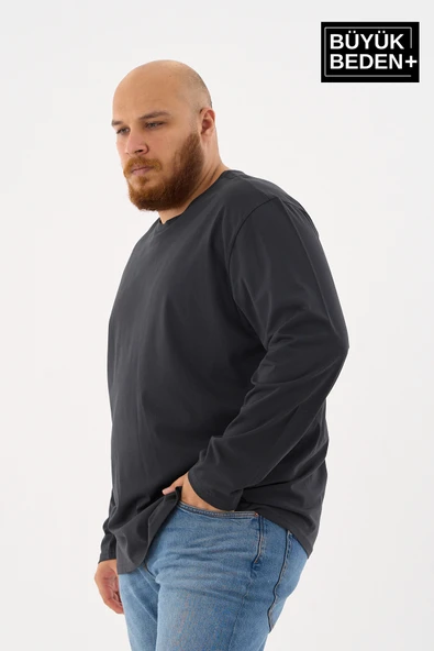 Erkek Büyük Beden Uzun Kollu 2 İplik Bisiklet Yaka Tişört - 4