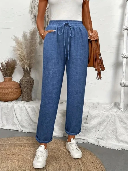 Kadın Yüksek Bel Lastikli Belde Bağcık Detaylı Aerobin Pantolon - Resim 3